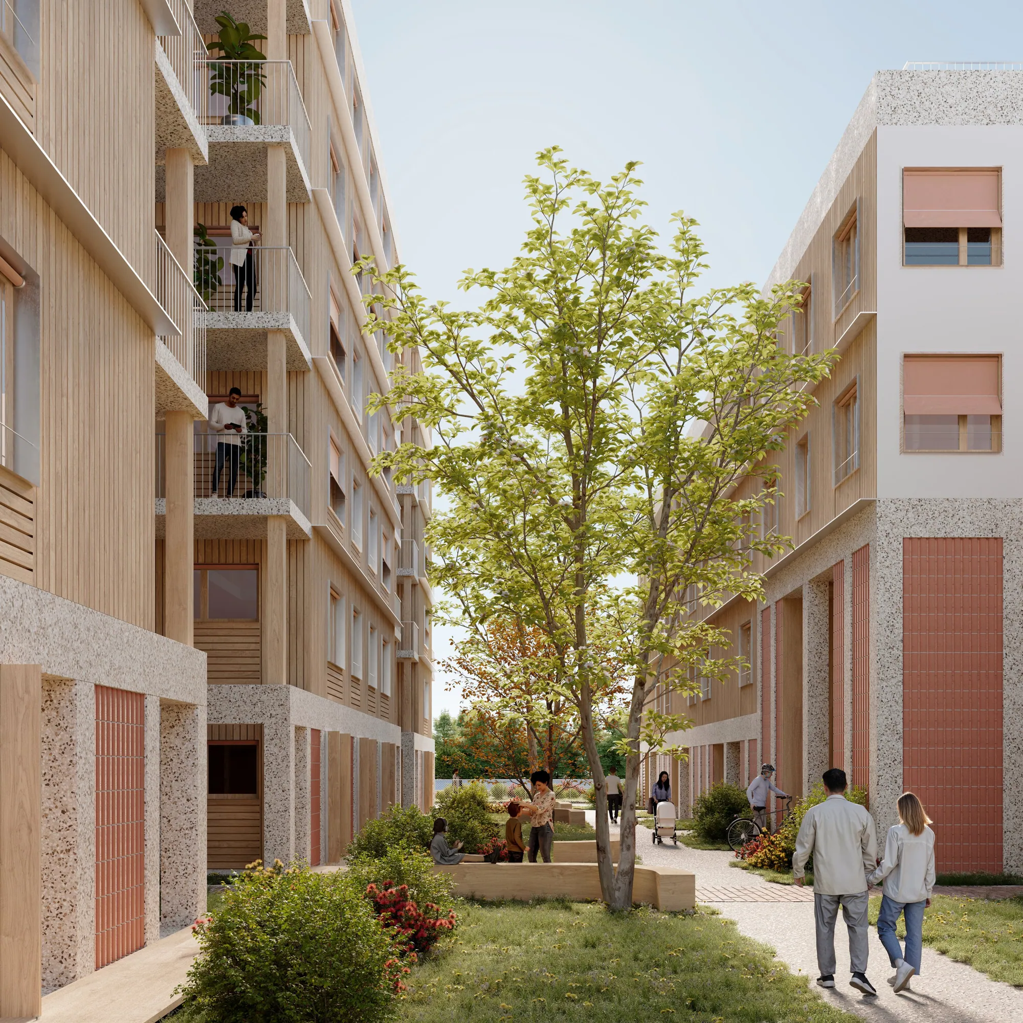 Perspective : rue plantée entre les bâtiments