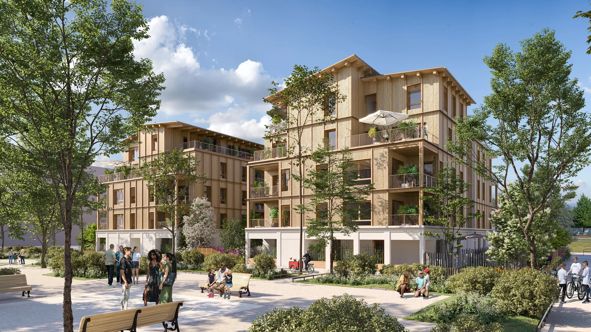 Perspective : les immeubles en bois de Haïku au bord du parc