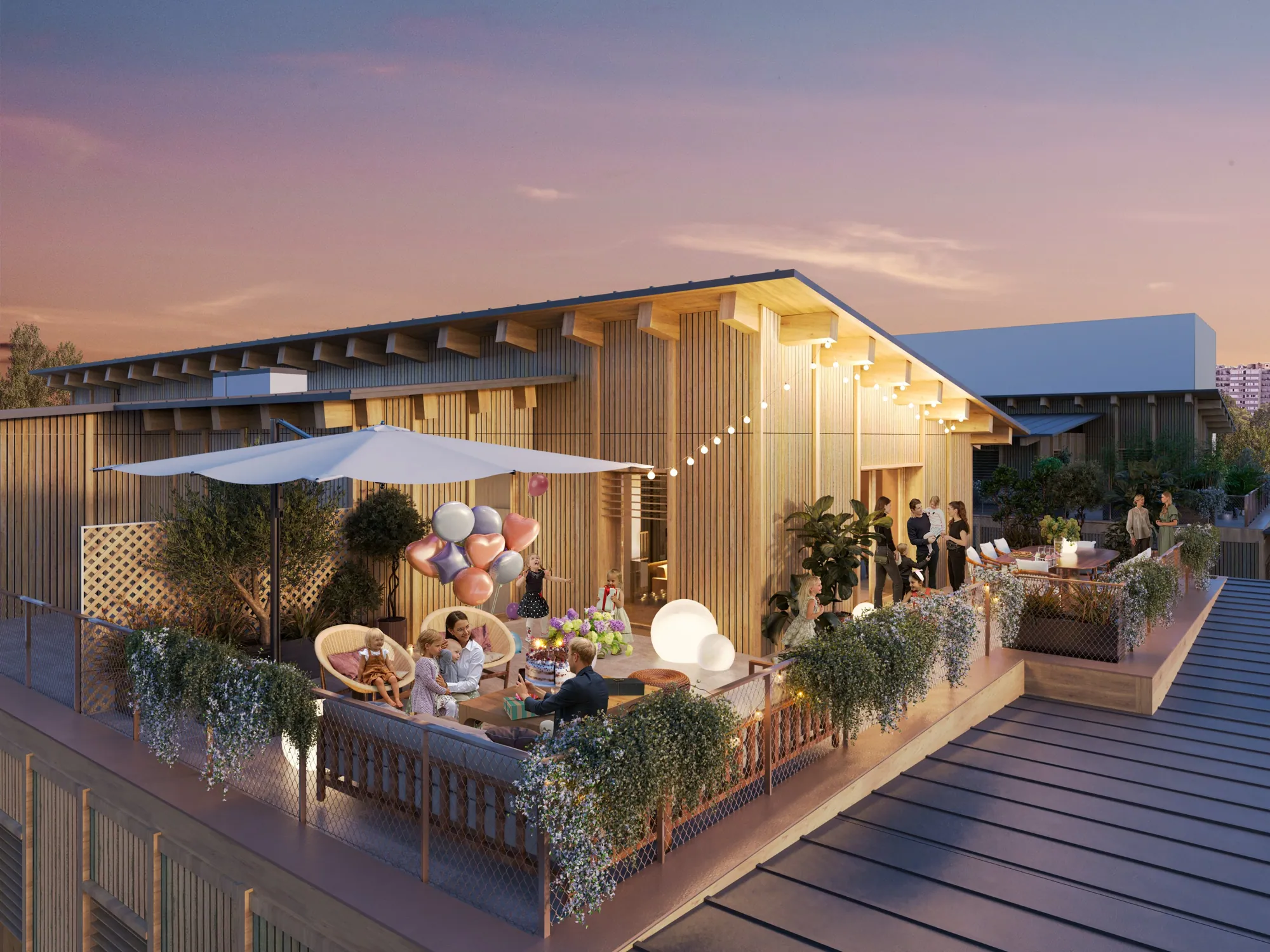 Perspective : terrasse partagée en soirée