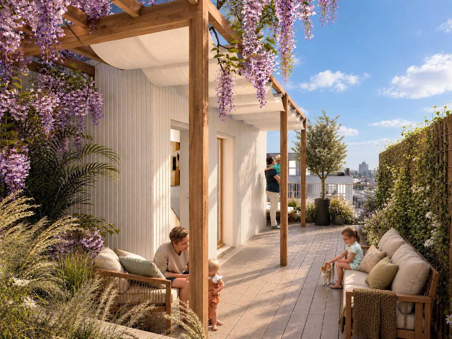 Toit-terrasse partagé sous la glycine