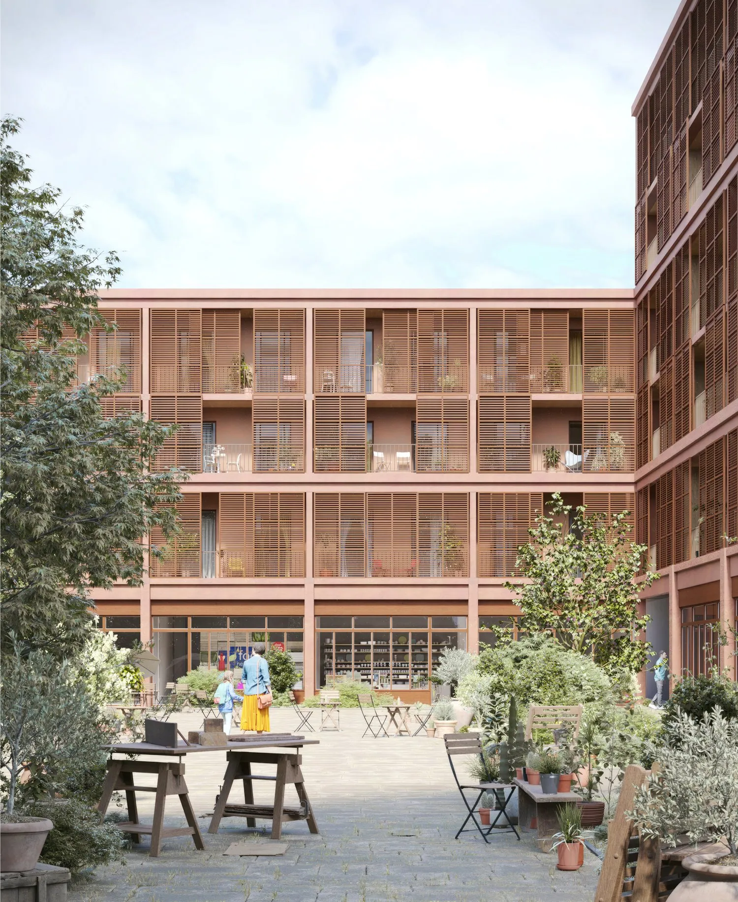 Cour animée avec tables et plantes