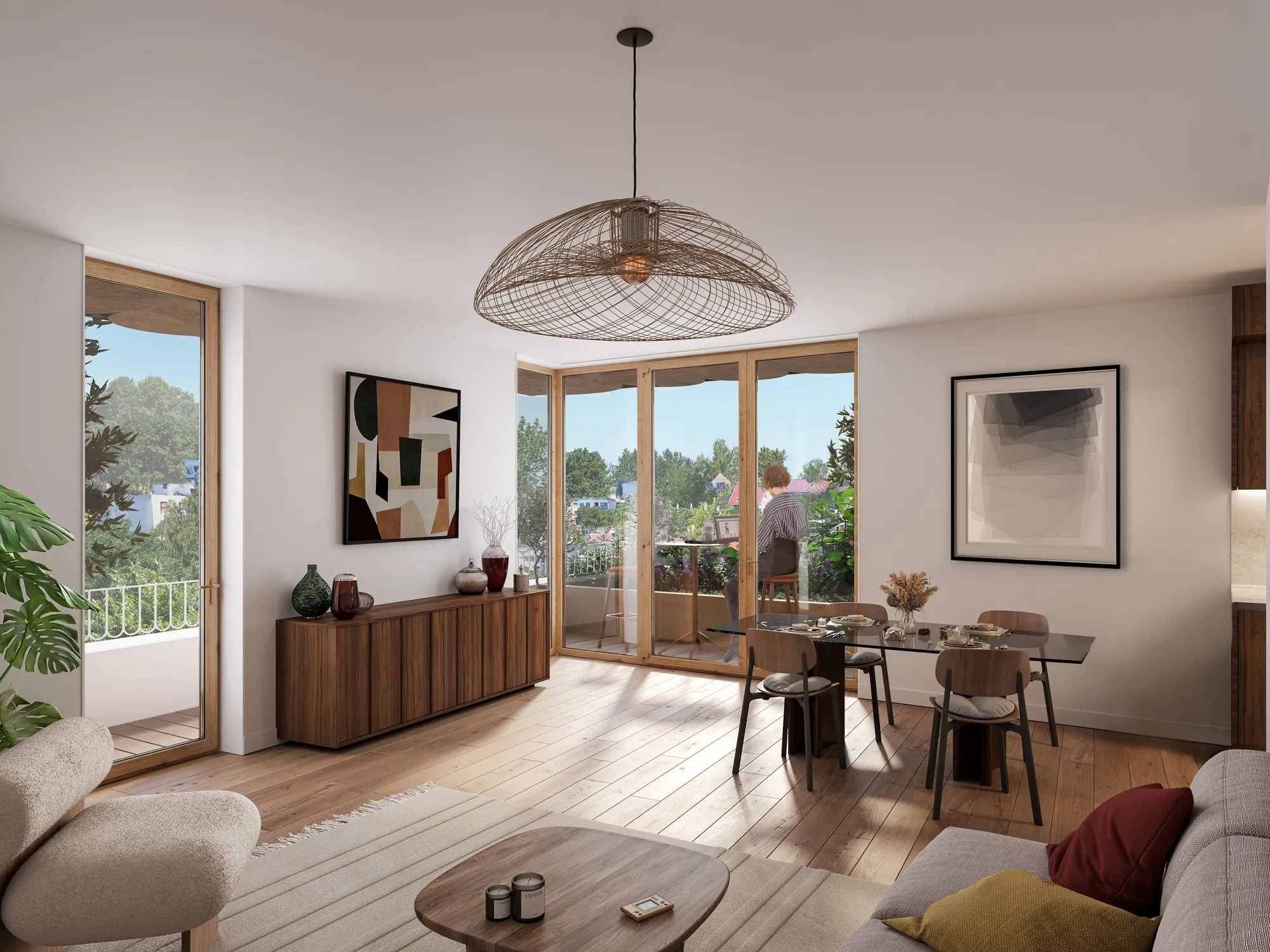 Perspective : salon lumineux d'un logement