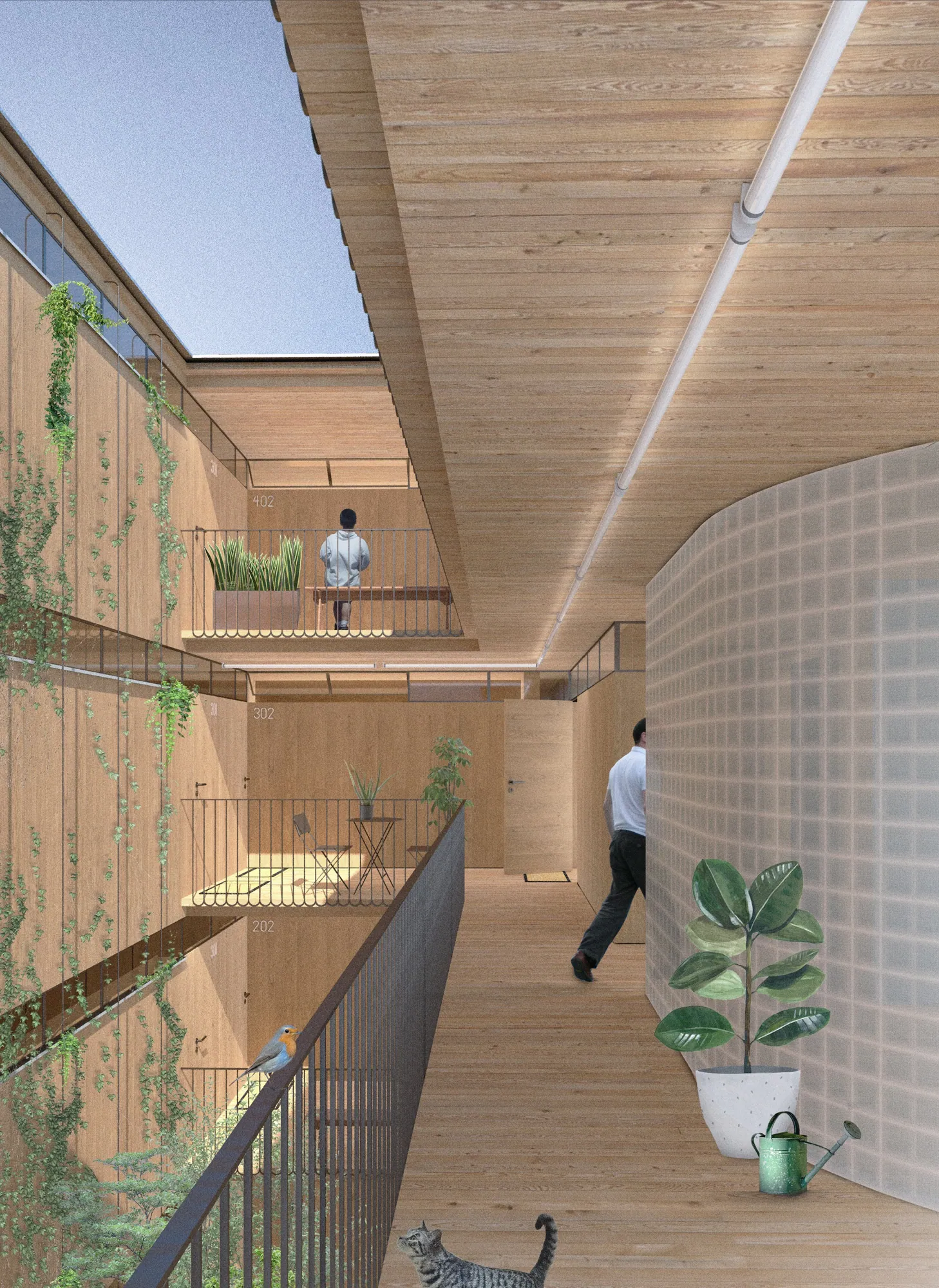 Perspective : le patio intérieur et ses coursives en bois