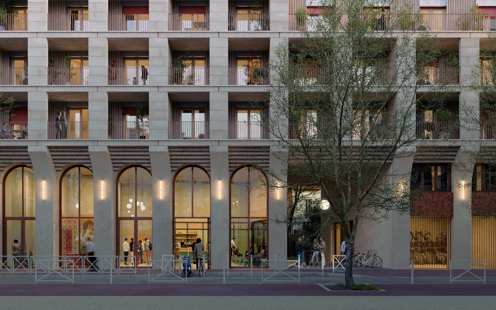Perspective : rez-de-chaussée à arcades sur la rue